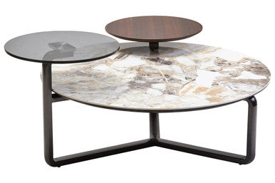Green & Grey Marble Ceramic Top 3 Tier Coffee Table With Grey Glass & Eucalyptus Veneer Shelves, Imperia