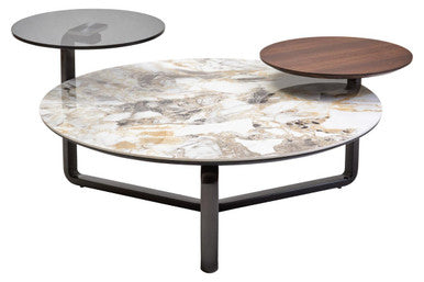 Green & Grey Marble Ceramic Top 3 Tier Coffee Table With Grey Glass & Eucalyptus Veneer Shelves, Imperia