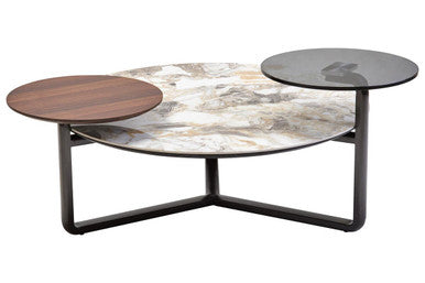 Green & Grey Marble Ceramic Top 3 Tier Coffee Table With Grey Glass & Eucalyptus Veneer Shelves, Imperia