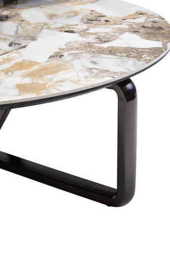 Green & Grey Marble Ceramic Top 3 Tier Coffee Table With Grey Glass & Eucalyptus Veneer Shelves, Imperia