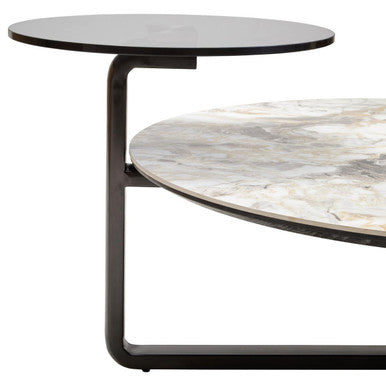 Green & Grey Marble Ceramic Top 3 Tier Coffee Table With Grey Glass & Eucalyptus Veneer Shelves, Imperia
