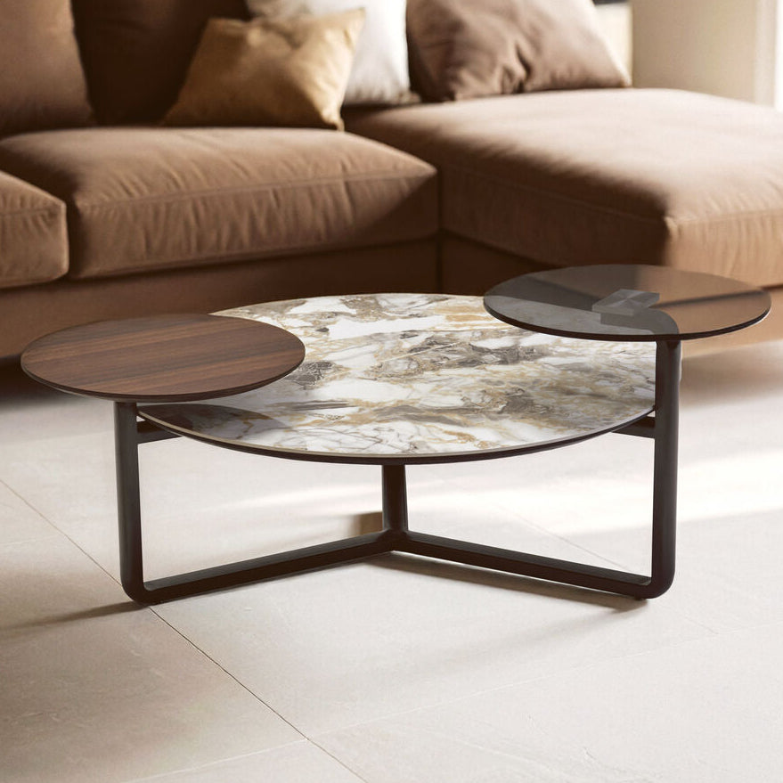 Green & Grey Marble Ceramic Top 3 Tier Coffee Table With Grey Glass & Eucalyptus Veneer Shelves, Imperia