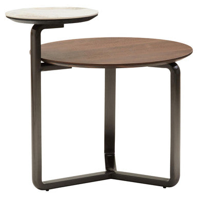 Brown Marble Ceramic Top Round 2-Tier Coffee Table With Eucalyptus Veneer Lower Shelf & Black Metal Legs, Imperia