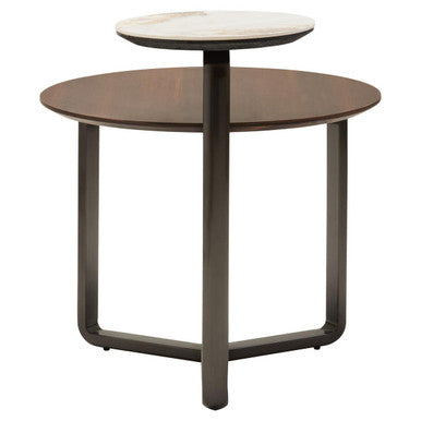 Brown Marble Ceramic Top Round 2-Tier Coffee Table With Eucalyptus Veneer Lower Shelf & Black Metal Legs, Imperia