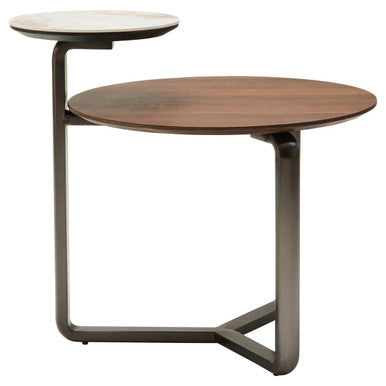 Brown Marble Ceramic Top Round 2-Tier Coffee Table With Eucalyptus Veneer Lower Shelf & Black Metal Legs, Imperia