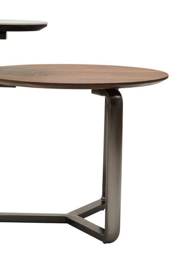 Brown Marble Ceramic Top Round 2-Tier Coffee Table With Eucalyptus Veneer Lower Shelf & Black Metal Legs, Imperia