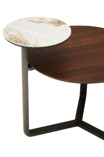 Brown Marble Ceramic Top Round 2-Tier Coffee Table With Eucalyptus Veneer Lower Shelf & Black Metal Legs, Imperia