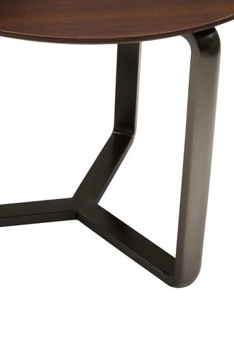 Brown Marble Ceramic Top Round 2-Tier Coffee Table With Eucalyptus Veneer Lower Shelf & Black Metal Legs, Imperia