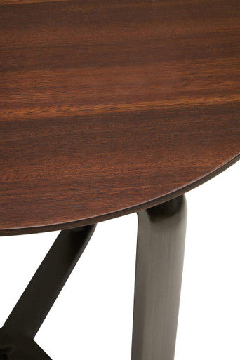 Brown Marble Ceramic Top Round 2-Tier Coffee Table With Eucalyptus Veneer Lower Shelf & Black Metal Legs, Imperia