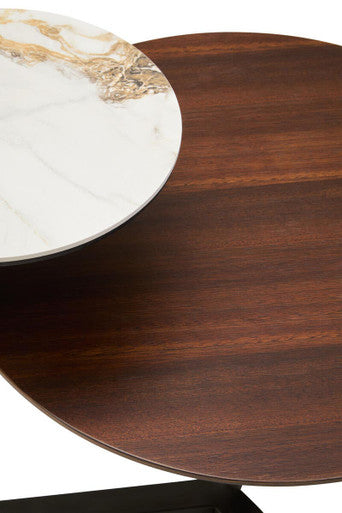 Brown Marble Ceramic Top Round 2-Tier Coffee Table With Eucalyptus Veneer Lower Shelf & Black Metal Legs, Imperia