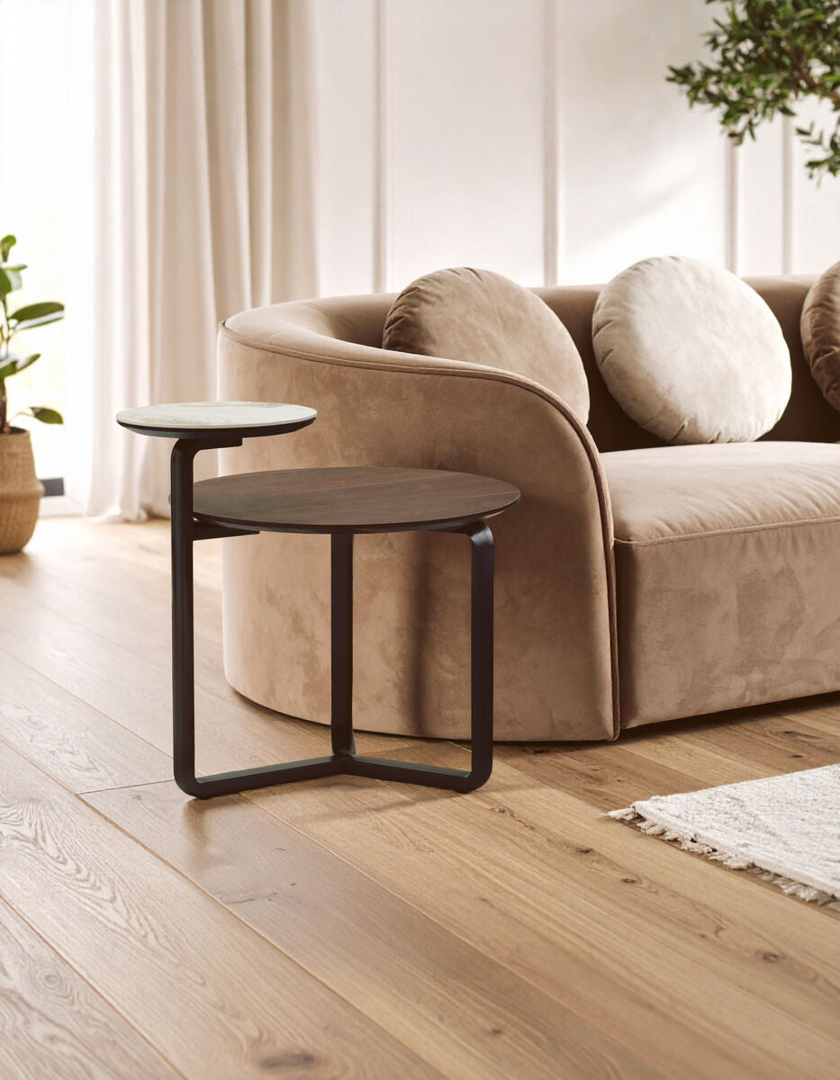 Brown Marble Ceramic Top Round 2-Tier Coffee Table With Eucalyptus Veneer Lower Shelf & Black Metal Legs, Imperia