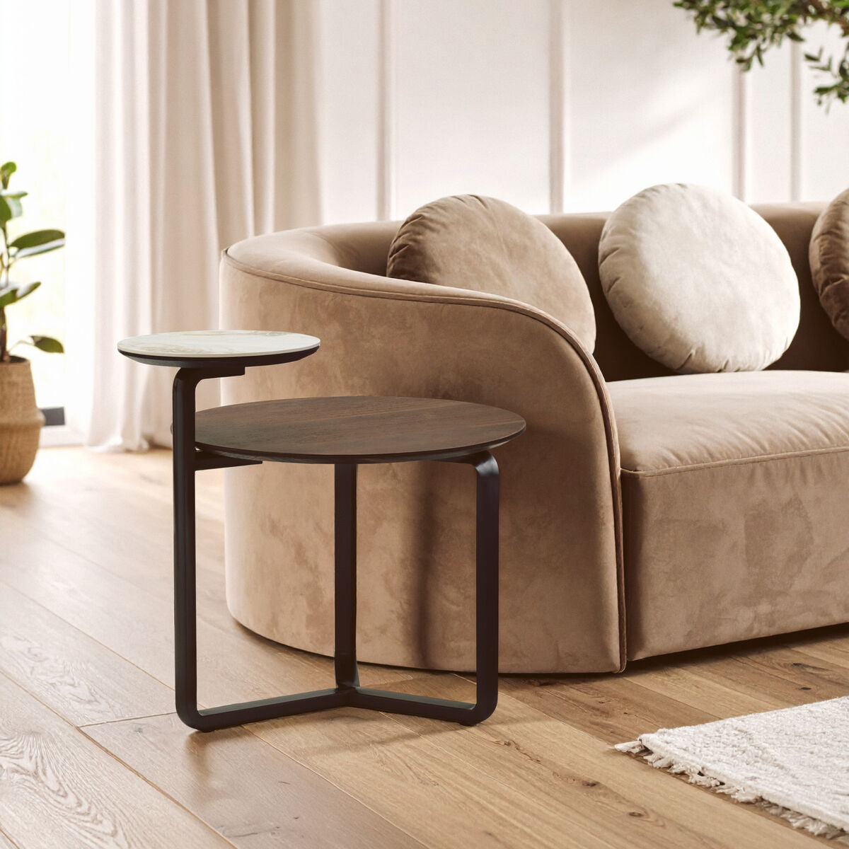 Brown Marble Ceramic Top Round 2-Tier Coffee Table With Eucalyptus Veneer Lower Shelf & Black Metal Legs, Imperia