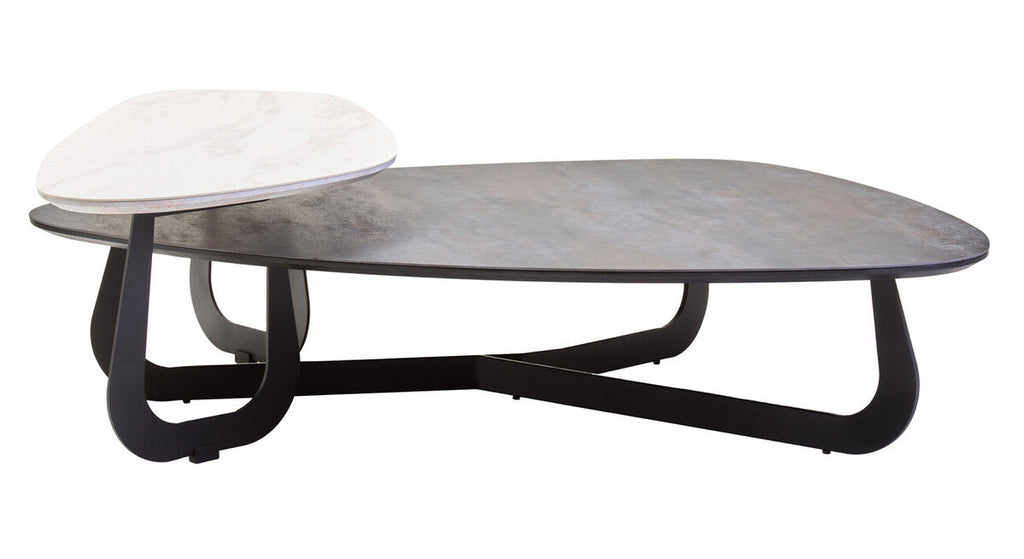 Grey & White Marble Ceramic Tops Large 2-Tier Asymmetrical Coffee Table With Black Metal Base, Imperia