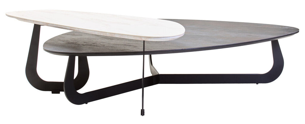 Grey & White Marble Ceramic Tops Large 2-Tier Asymmetrical Coffee Table With Black Metal Base, Imperia