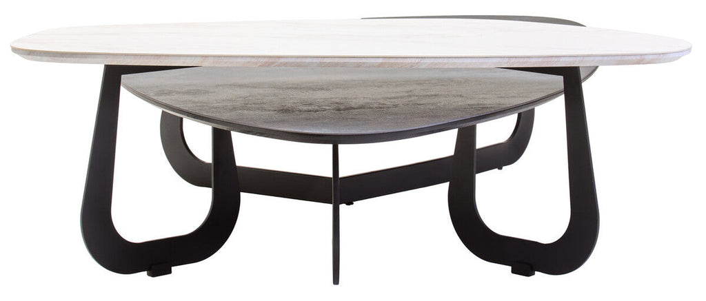 Grey & White Marble Ceramic Tops Large 2-Tier Asymmetrical Coffee Table With Black Metal Base, Imperia