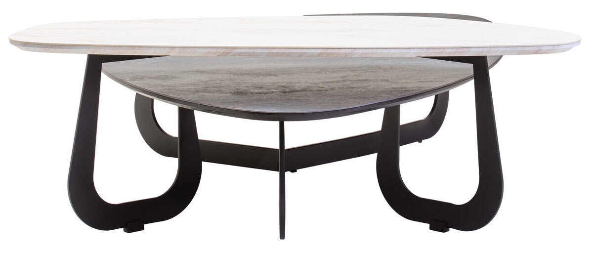 Grey & White Marble Ceramic Tops Large 2-Tier Asymmetrical Coffee Table With Black Metal Base, Imperia