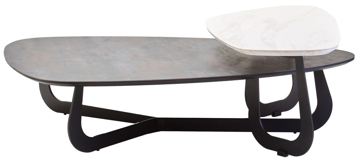 Grey & White Marble Ceramic Tops Large 2-Tier Asymmetrical Coffee Table With Black Metal Base, Imperia