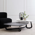 Grey & White Marble Ceramic Tops Large 2-Tier Asymmetrical Coffee Table With Black Metal Base, Imperia
