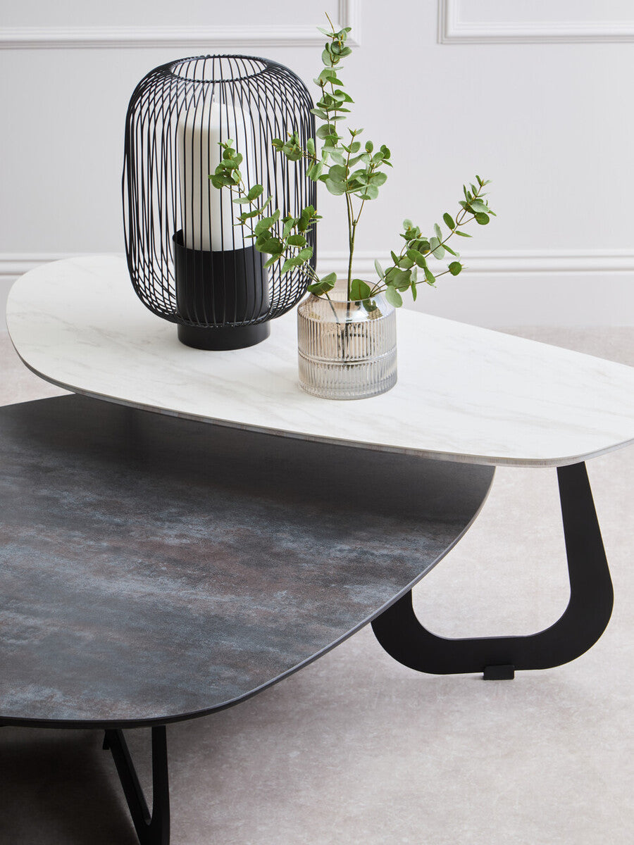 Grey & White Marble Ceramic Tops Large 2-Tier Asymmetrical Coffee Table With Black Metal Base, Imperia