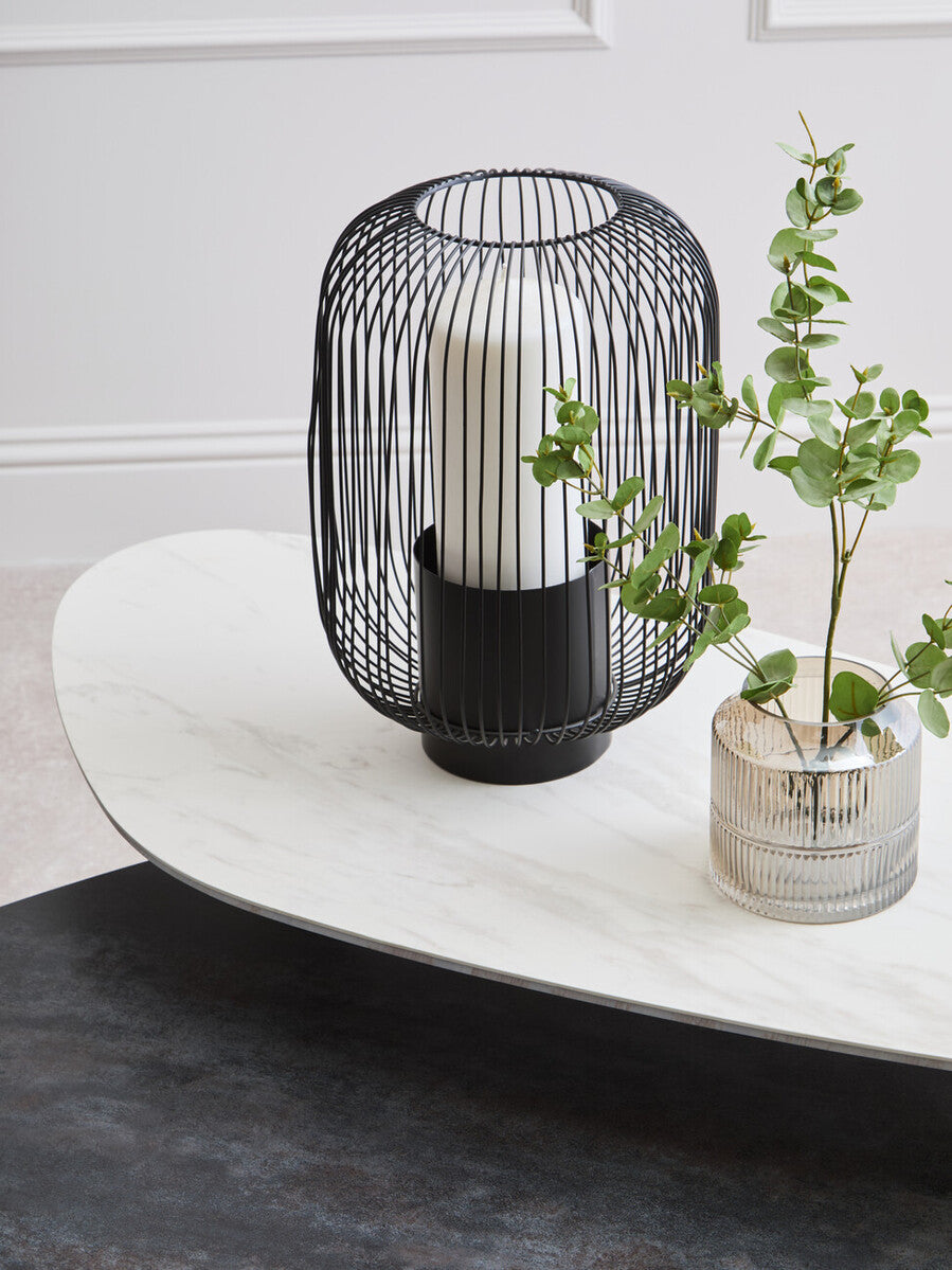 Grey & White Marble Ceramic Tops Large 2-Tier Asymmetrical Coffee Table With Black Metal Base, Imperia