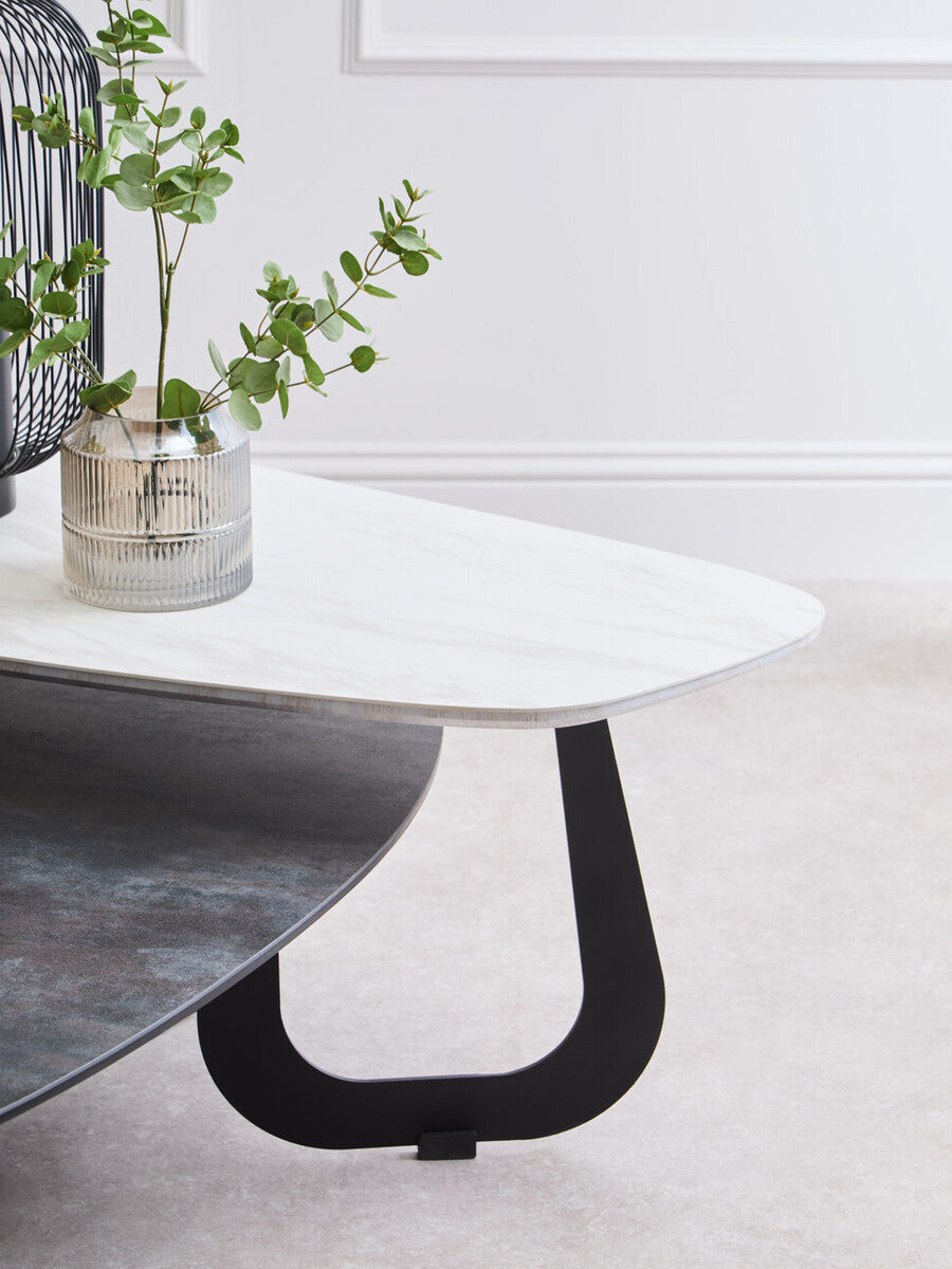 Grey & White Marble Ceramic Tops Large 2-Tier Asymmetrical Coffee Table With Black Metal Base, Imperia