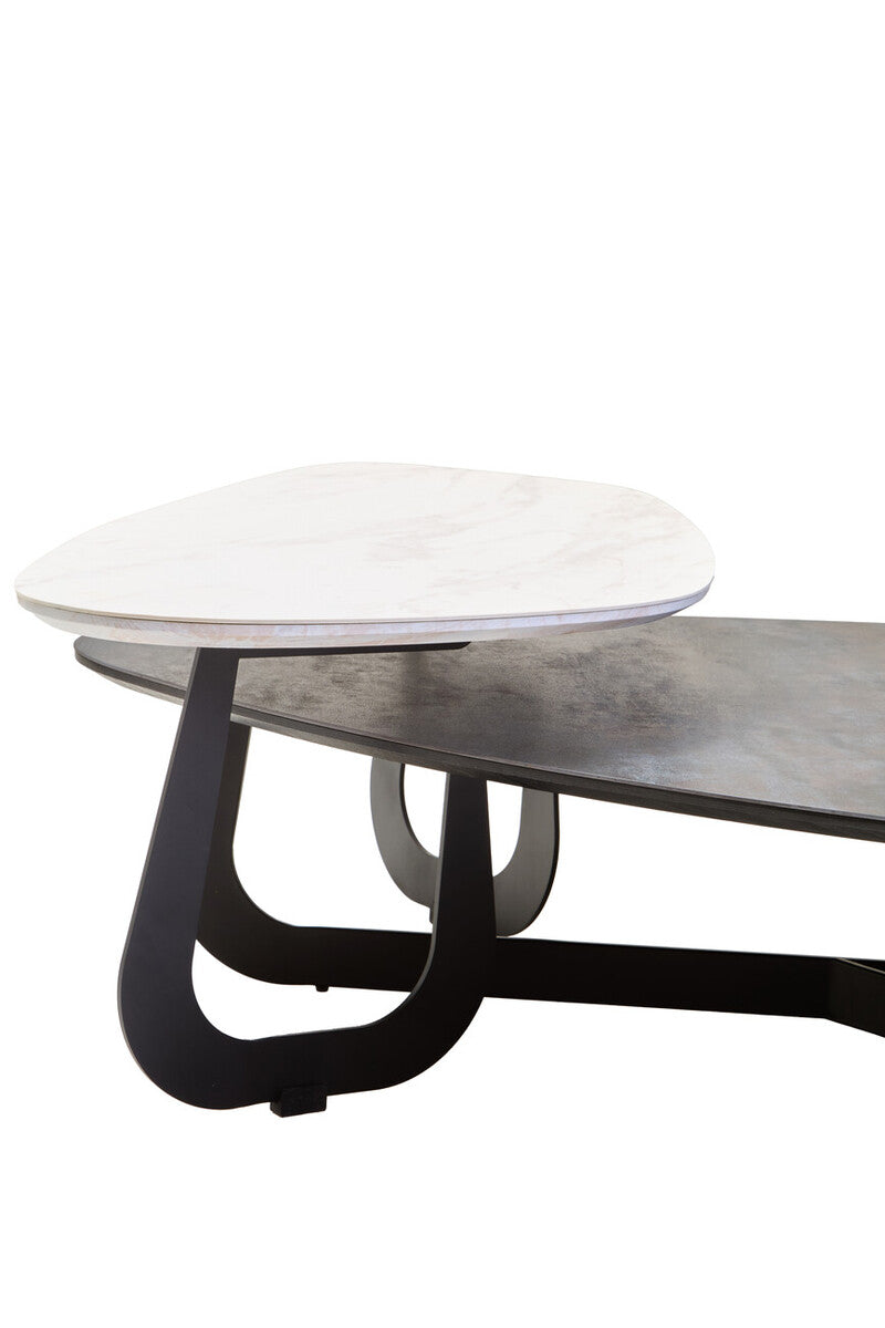 Grey & White Marble Ceramic Tops Large 2-Tier Asymmetrical Coffee Table With Black Metal Base, Imperia