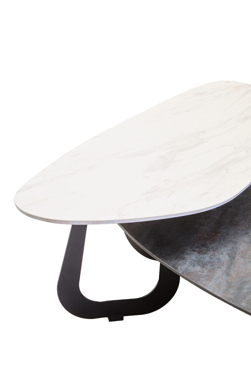 Grey & White Marble Ceramic Tops Large 2-Tier Asymmetrical Coffee Table With Black Metal Base, Imperia