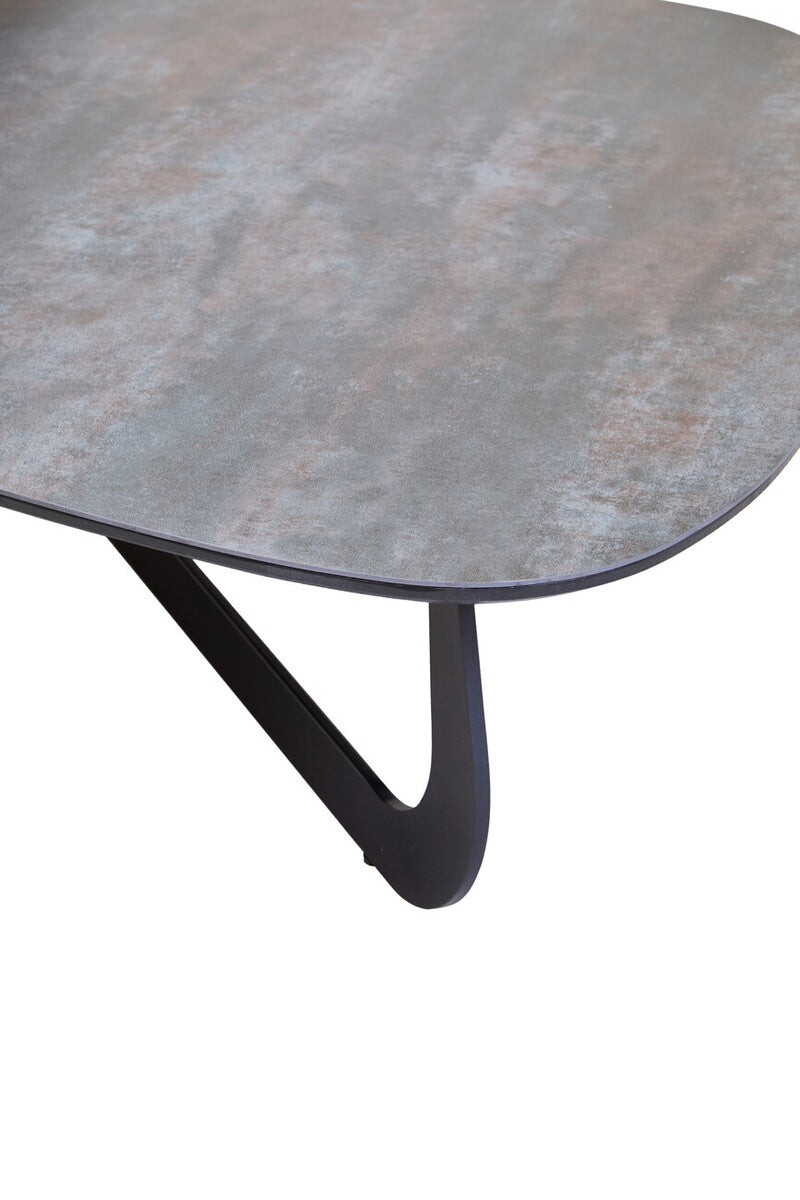 Grey & White Marble Ceramic Tops Large 2-Tier Asymmetrical Coffee Table With Black Metal Base, Imperia