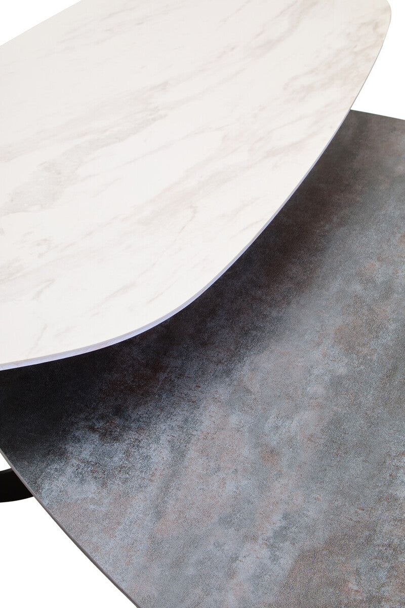Grey & White Marble Ceramic Tops Large 2-Tier Asymmetrical Coffee Table With Black Metal Base, Imperia