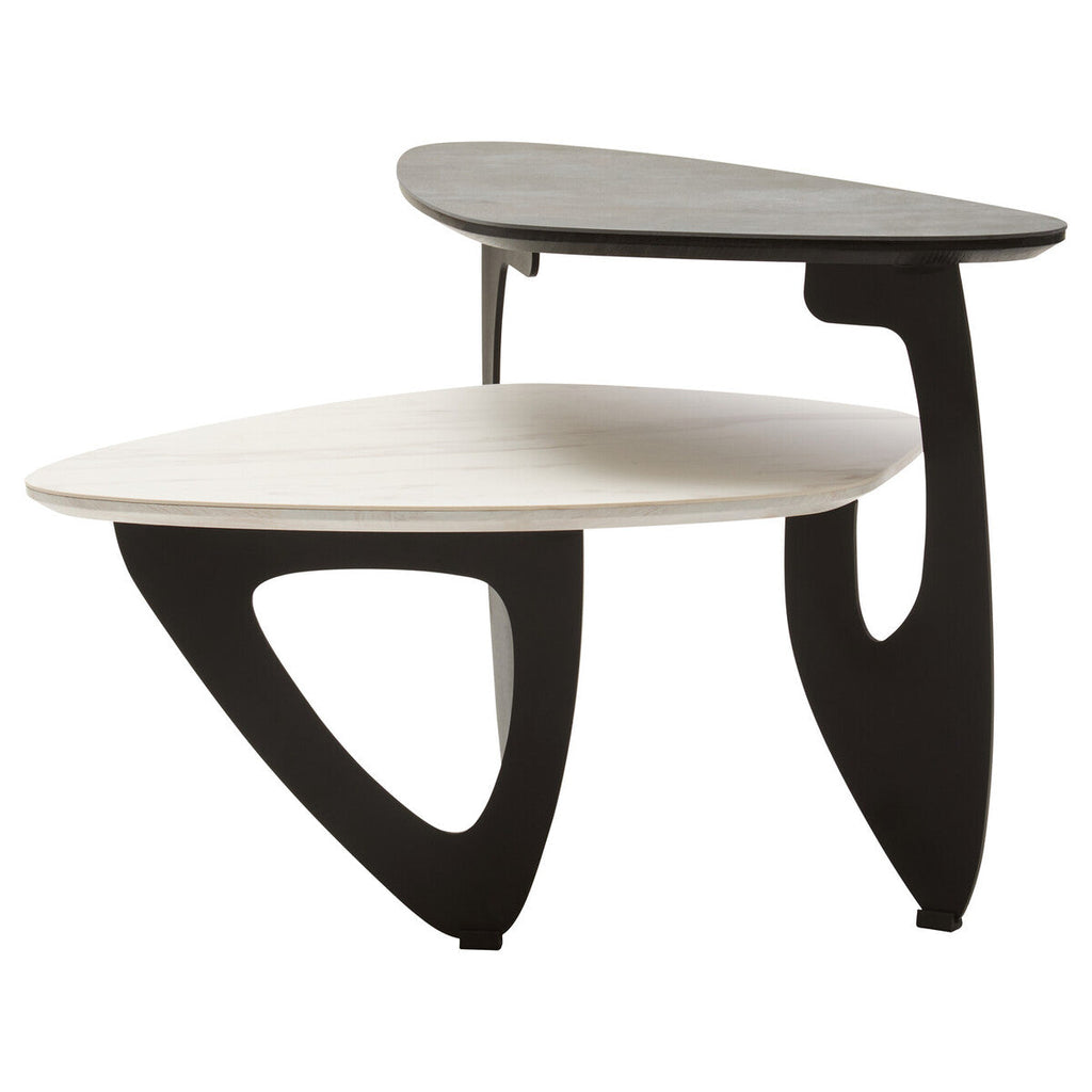 Grey & White Marble Ceramic Tops Small 2-Tier Asymmetrical Coffee Table With Black Metal Base, Imperia