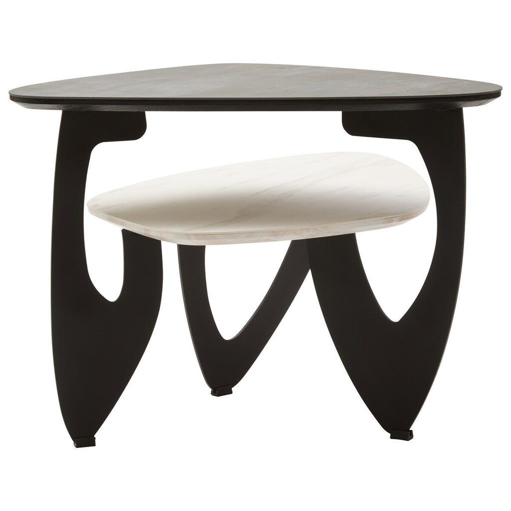Grey & White Marble Ceramic Tops Small 2-Tier Asymmetrical Coffee Table With Black Metal Base, Imperia