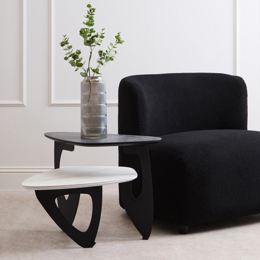 Grey & White Marble Ceramic Tops Small 2-Tier Asymmetrical Coffee Table With Black Metal Base, Imperia
