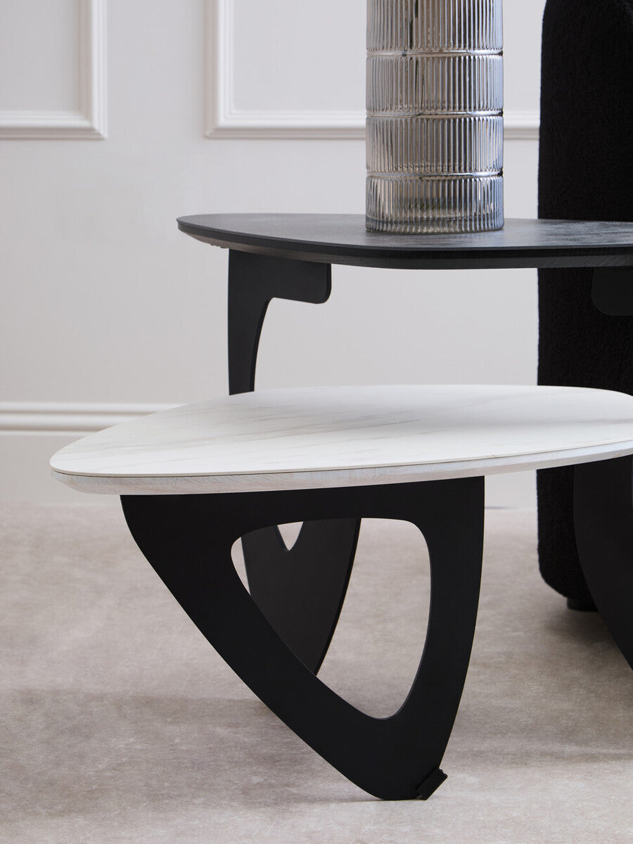Grey & White Marble Ceramic Tops Small 2-Tier Asymmetrical Coffee Table With Black Metal Base, Imperia