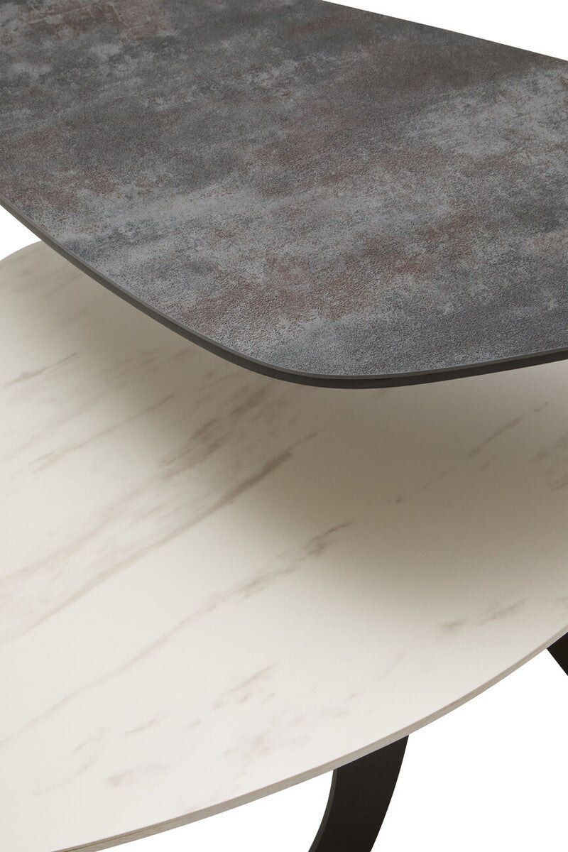 Grey & White Marble Ceramic Tops Small 2-Tier Asymmetrical Coffee Table With Black Metal Base, Imperia