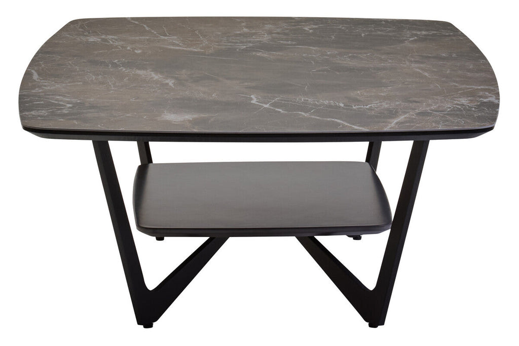 Grey Marble Ceramic Top Coffee Table With Black Metal Legs & Lower Shelf, Imperia