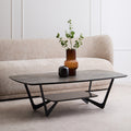 Grey Marble Ceramic Top Coffee Table With Black Metal Legs & Lower Shelf, Imperia