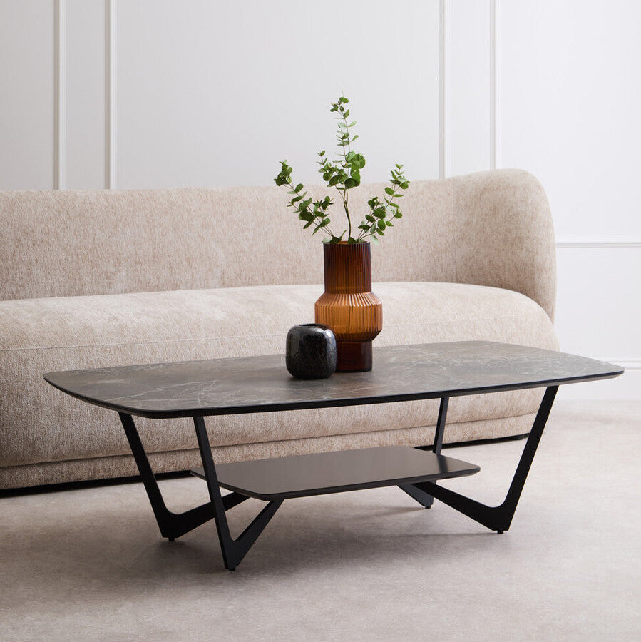 Grey Marble Ceramic Top Coffee Table With Black Metal Legs & Lower Shelf, Imperia