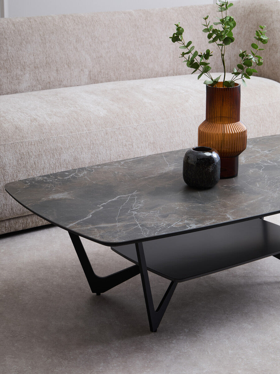 Grey Marble Ceramic Top Coffee Table With Black Metal Legs & Lower Shelf, Imperia