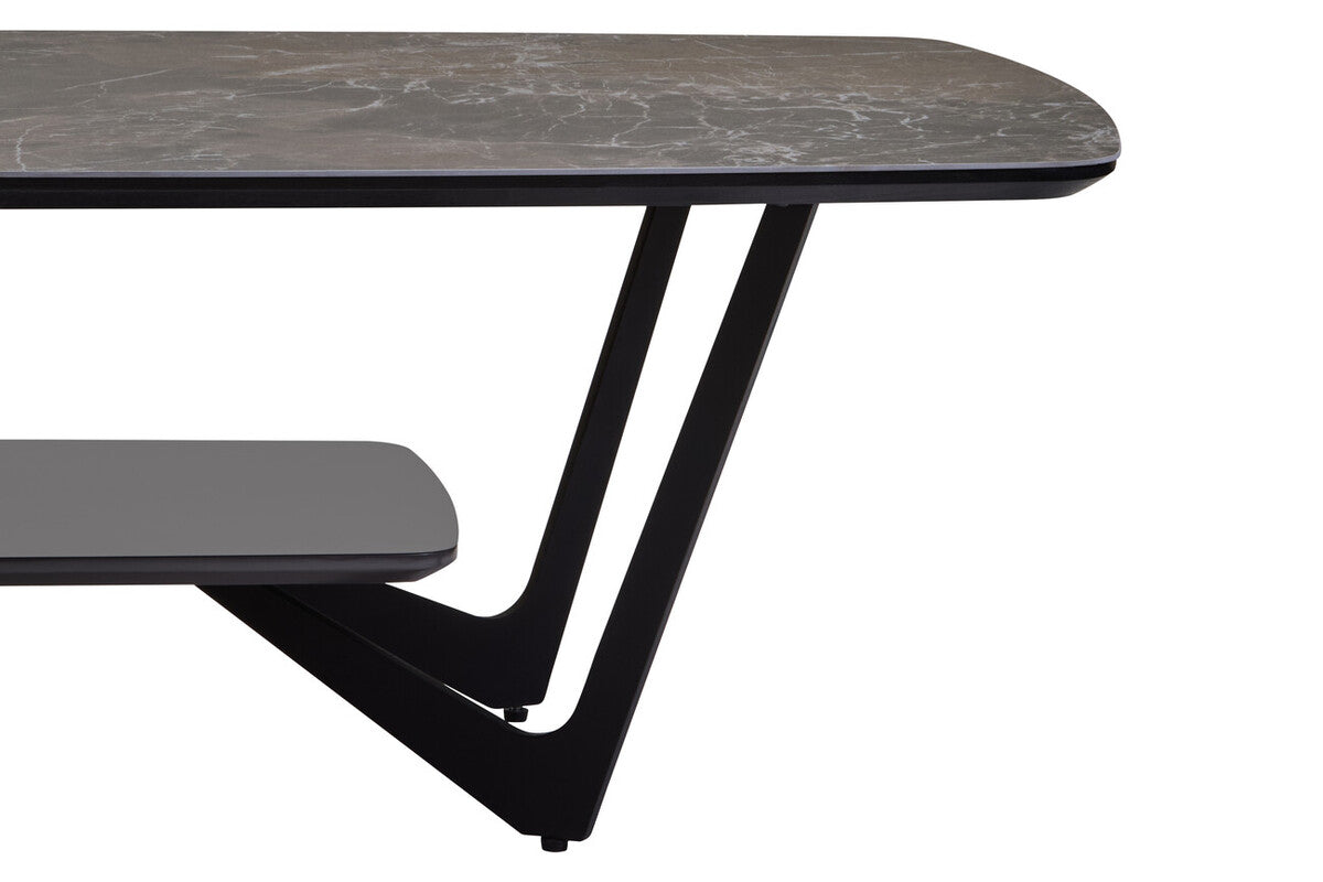 Grey Marble Ceramic Top Coffee Table With Black Metal Legs & Lower Shelf, Imperia