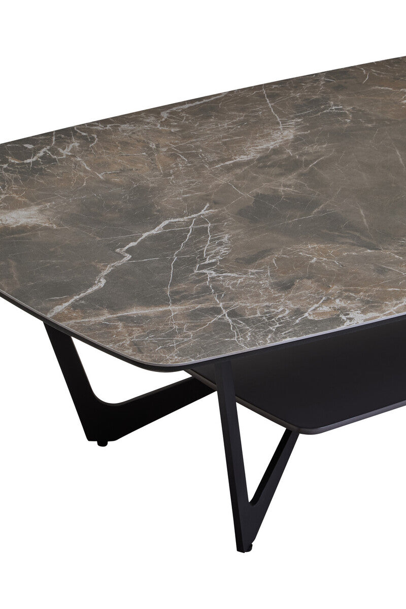 Grey Marble Ceramic Top Coffee Table With Black Metal Legs & Lower Shelf, Imperia