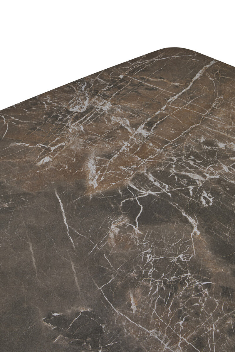Grey Marble Ceramic Top Coffee Table With Black Metal Legs & Lower Shelf, Imperia