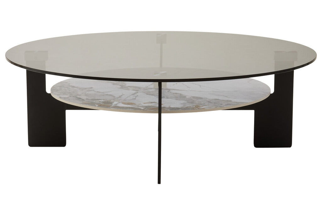 Grey Glass Large Round Top Coffee Table With Marble Ceramic Lower Shelf & Black Metal Frame, Imperia