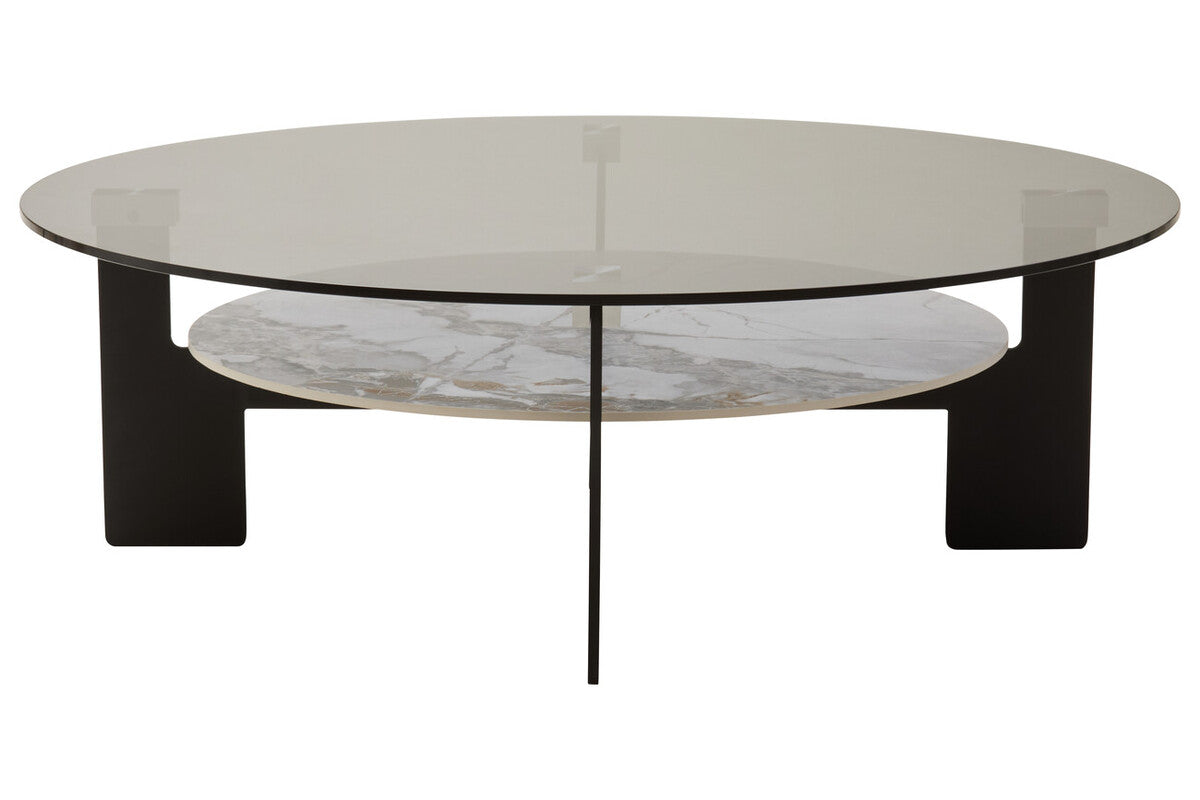 Grey Glass Large Round Top Coffee Table With Marble Ceramic Lower Shelf & Black Metal Frame, Imperia
