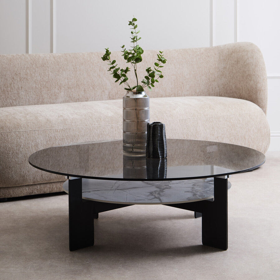Grey Glass Large Round Top Coffee Table With Marble Ceramic Lower Shelf & Black Metal Frame, Imperia
