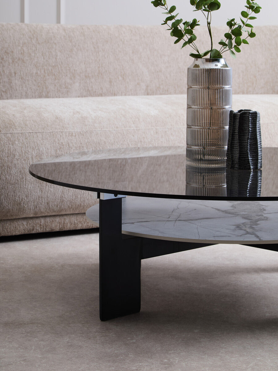 Grey Glass Large Round Top Coffee Table With Marble Ceramic Lower Shelf & Black Metal Frame, Imperia