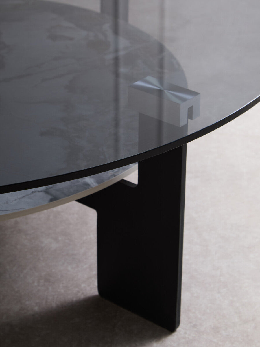 Grey Glass Large Round Top Coffee Table With Marble Ceramic Lower Shelf & Black Metal Frame, Imperia