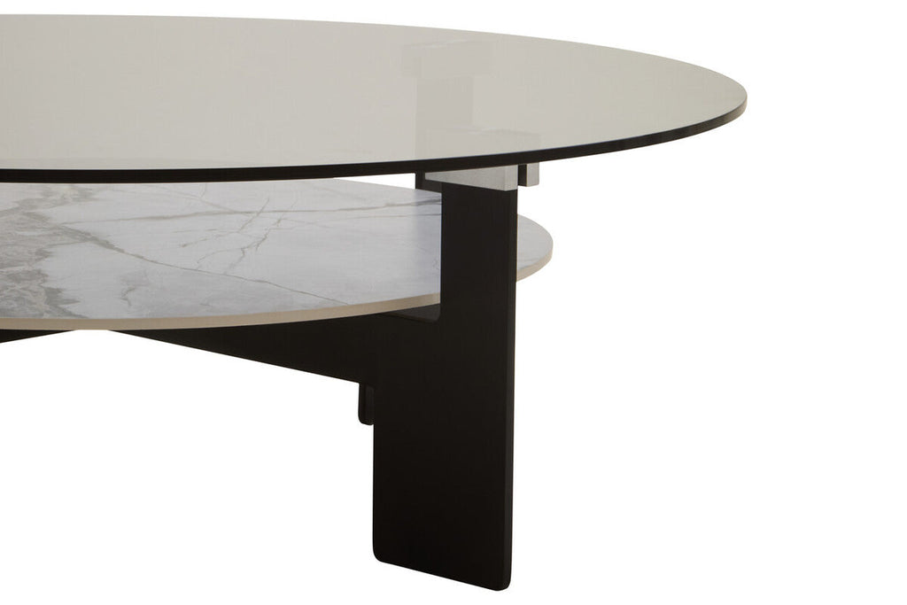 Grey Glass Large Round Top Coffee Table With Marble Ceramic Lower Shelf & Black Metal Frame, Imperia