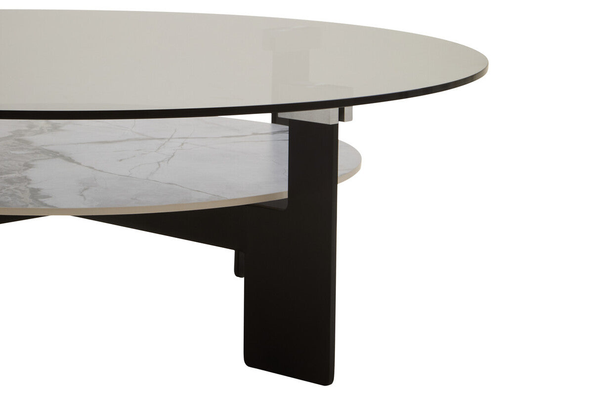Grey Glass Large Round Top Coffee Table With Marble Ceramic Lower Shelf & Black Metal Frame, Imperia
