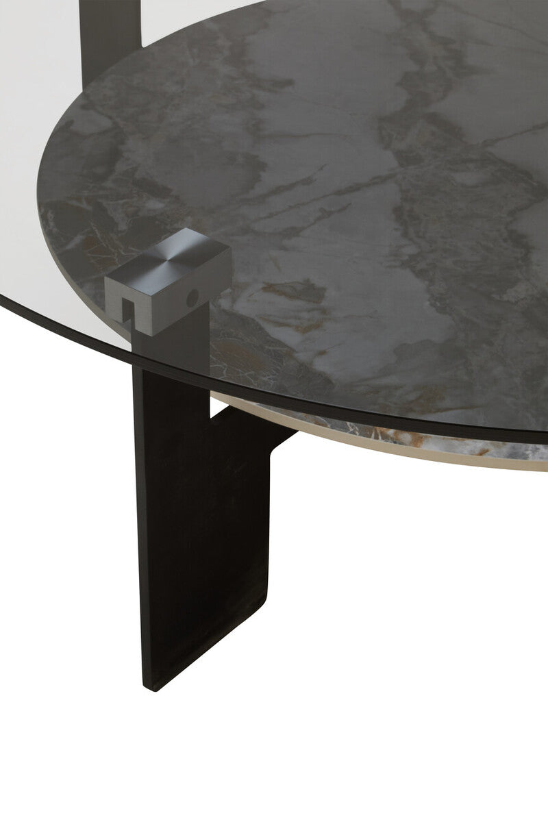Grey Glass Large Round Top Coffee Table With Marble Ceramic Lower Shelf & Black Metal Frame, Imperia