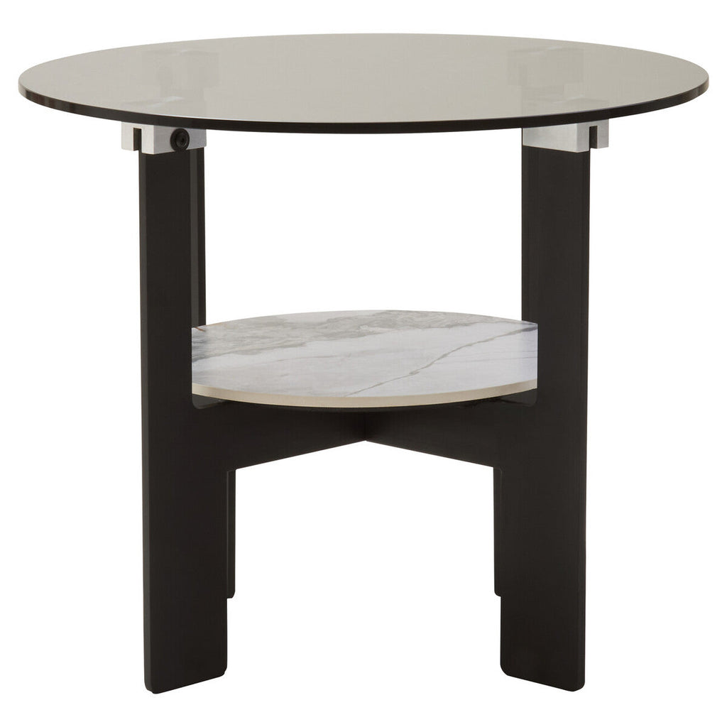 Grey Glass Round Top Coffee Table With Marble Ceramic Shelf & Black Metal Legs, Imperia